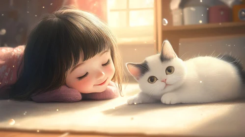 Young Child and Kitten Basking in Warm Light