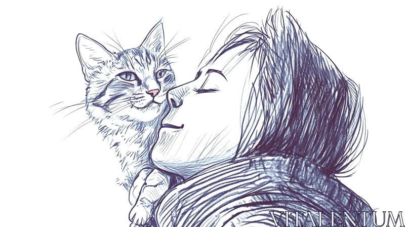 Affectionate Moment Between a Person and a Cat Sketch AI Image