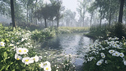 Peaceful Garden Pond with White Flowers