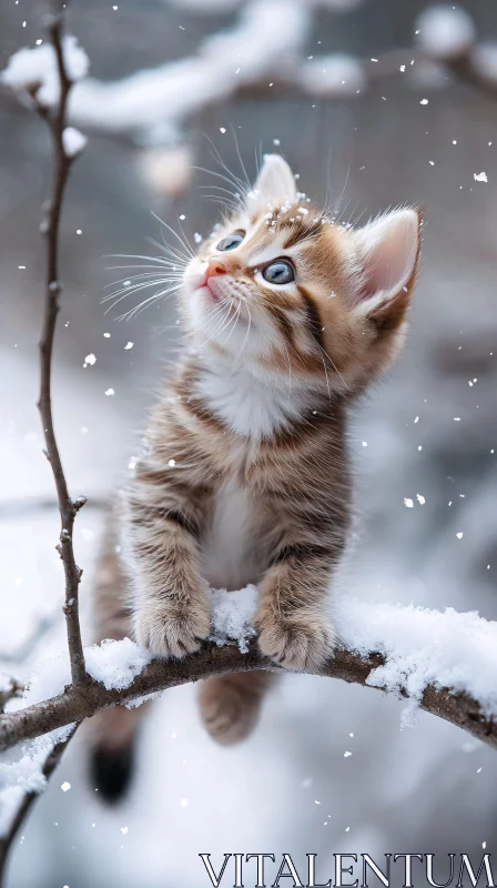 AI ART Cute Kitten Observing Snowflakes in Winter