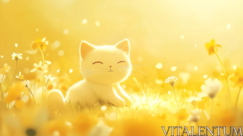 Blissful Kitten Among Sun-kissed Flowers AI Image