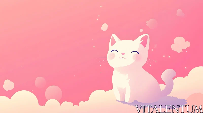 Smiling White Cat on Pink Clouds AI Image