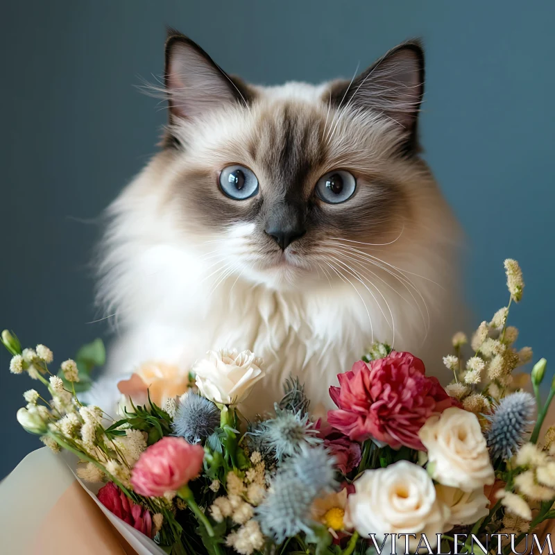 Fluffy Cat Surrounded by Vibrant Flowers AI Image