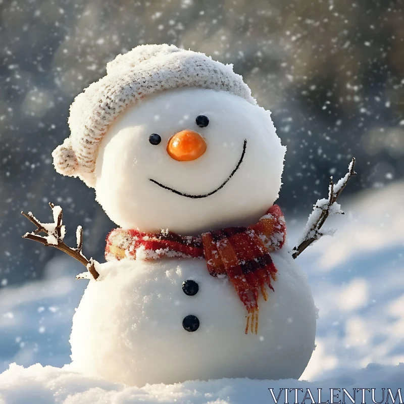 Happy Snowman with Scarf and Hat in Snow AI Image