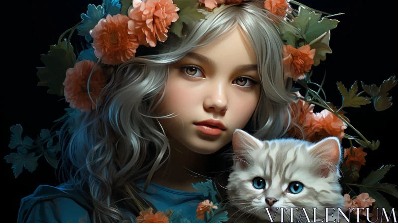 AI ART Beautiful Young Girl Portrait with Flowers and Cat