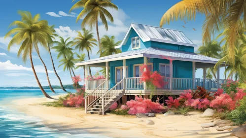 Captivating Blue House in a Tropical Paradise - Digital Painting