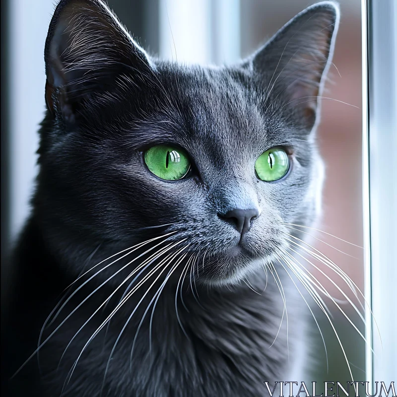 Gray Cat with Striking Green Eyes at Window AI Image