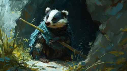 Digital Painting of a Determined Badger Sitting on a Rock