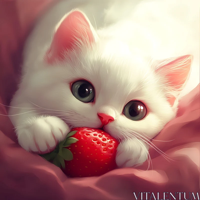 AI ART Cute Kitten with a Strawberry