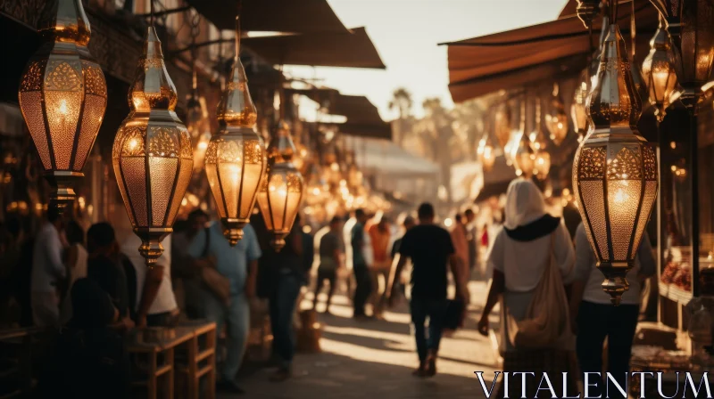 Enchanting Market Scene in Morocco: Shady Lamps and Wandering People AI Image