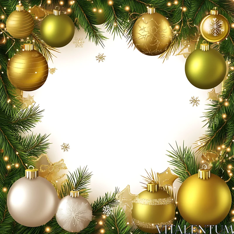 Golden Christmas Decorations with Pine Needles AI Image