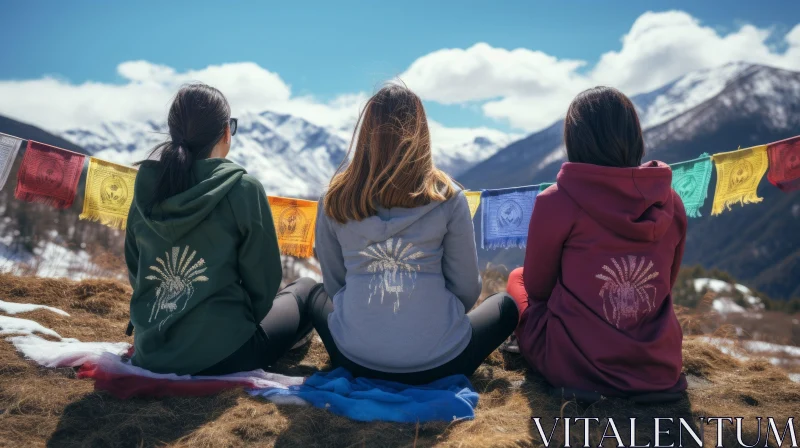 Three Women on Mountain with Prayer Flags - Organic Design Style AI Image