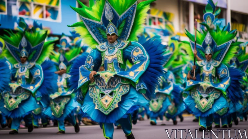Vibrant Parade of Blue and Green Dancers | Maranao Art AI Image