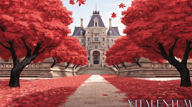 Whimsical Rococo-Inspired Art: Red Building and Pathway amidst Red Leaves AI Image