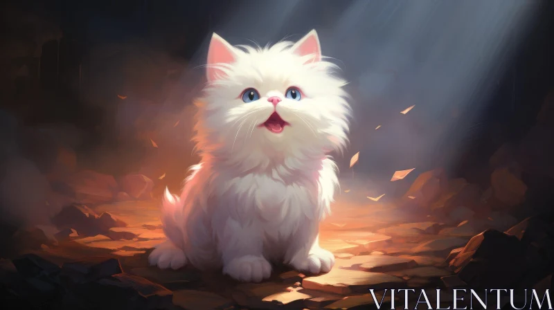 White Kitten Digital Painting on Rocks AI Image