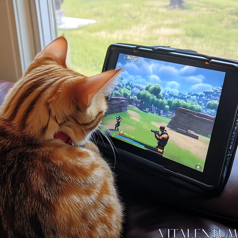 Cat Engrossed in Gaming Session AI Image