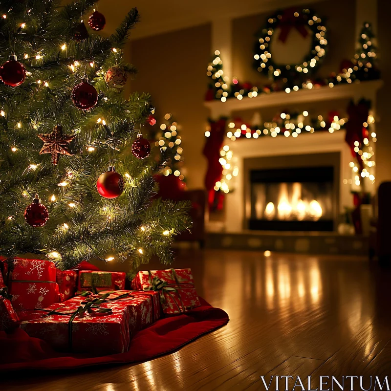 Cozy Holiday Decor by the Fireplace AI Image