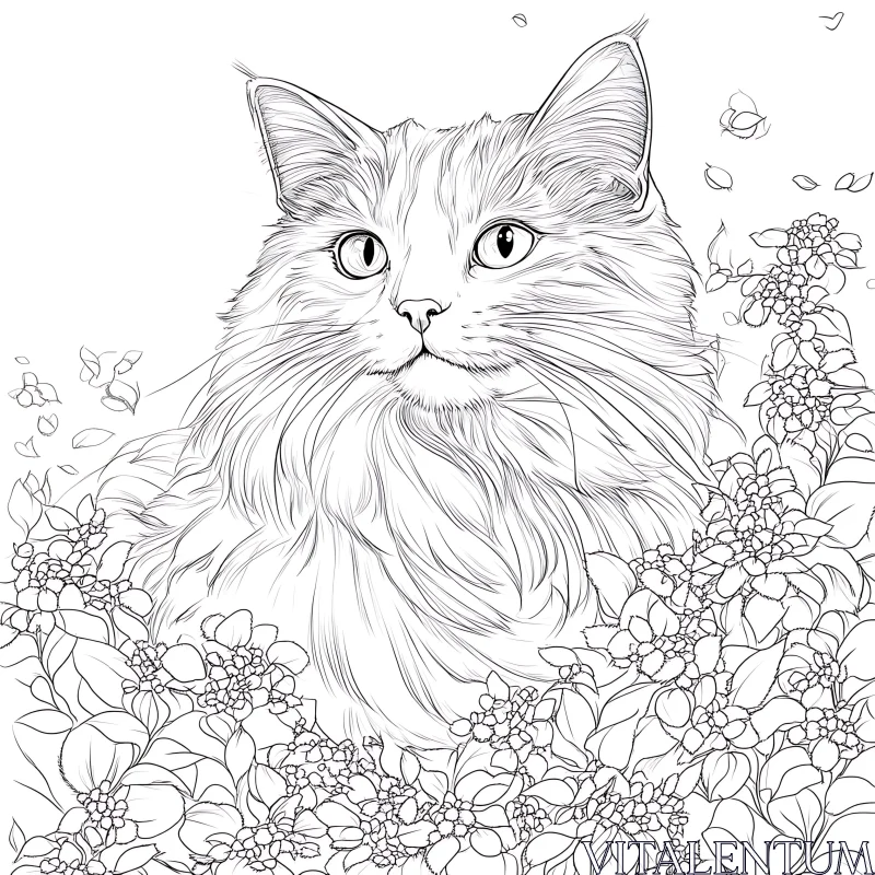 Detailed Cat Illustration with Flowers AI Image