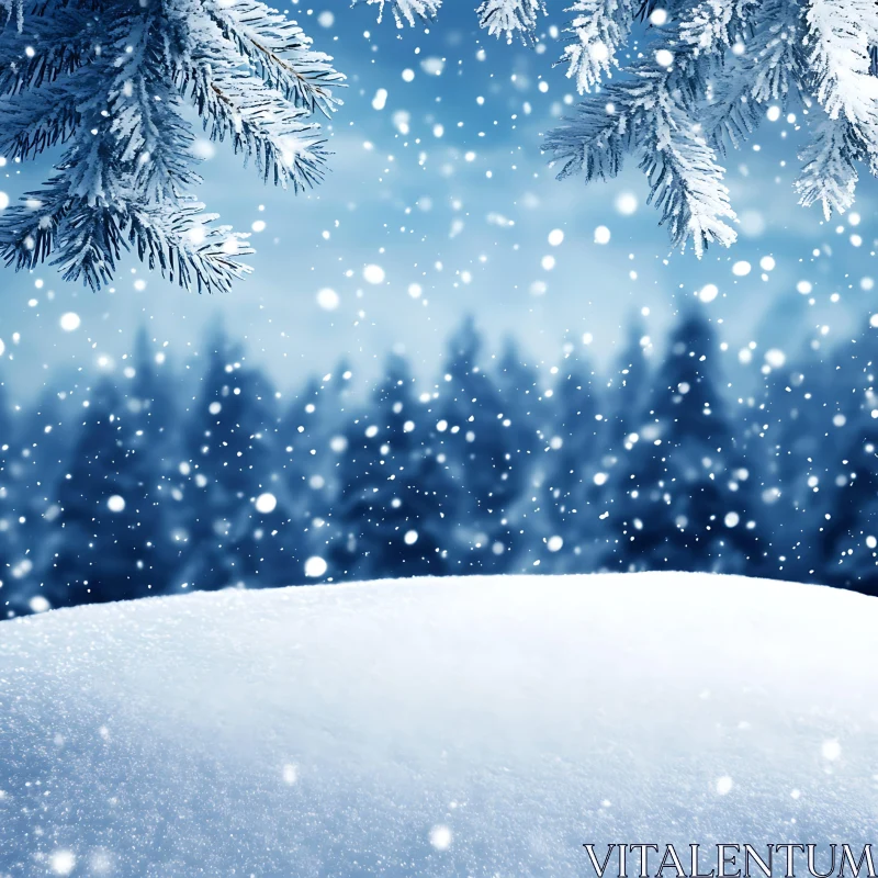 Winter Wonderland with Falling Snow and Pine Branches AI Image