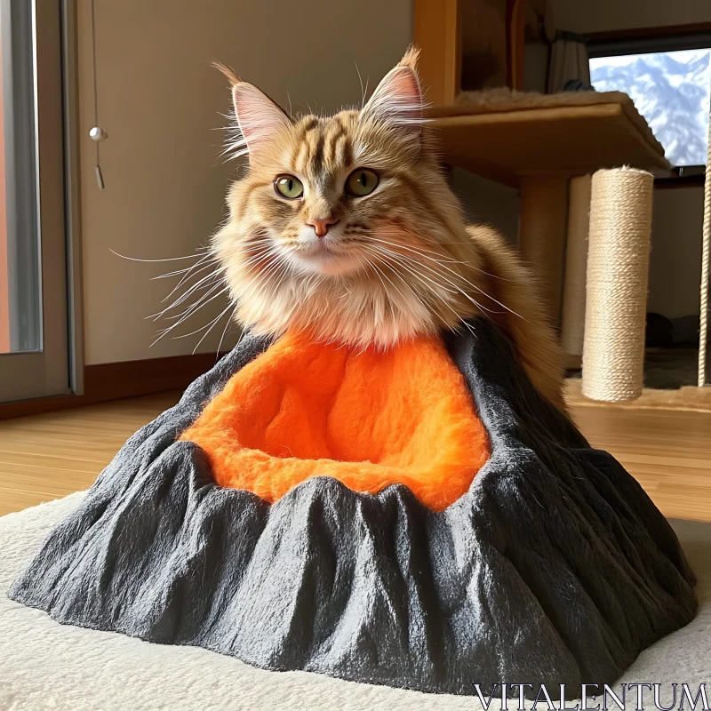 Cute Cat in a Volcano-Shaped Bed AI Image