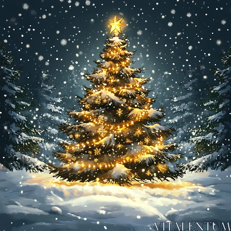 Illuminated Christmas Tree with Snowfall AI Image