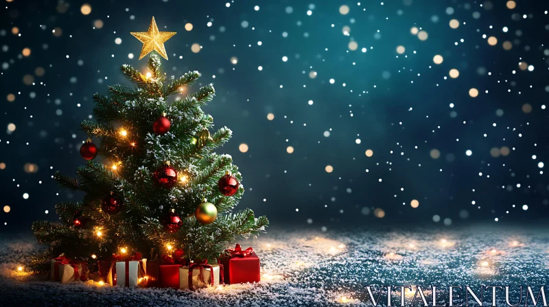 AI ART Festive Christmas Tree with Lights and Gifts