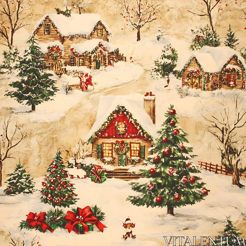 Snowy Holiday Village with Decorated Cabins and Trees AI Image