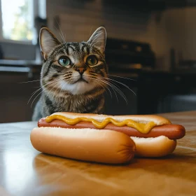 Cat Staring at Hotdog in Sunlit Kitchen