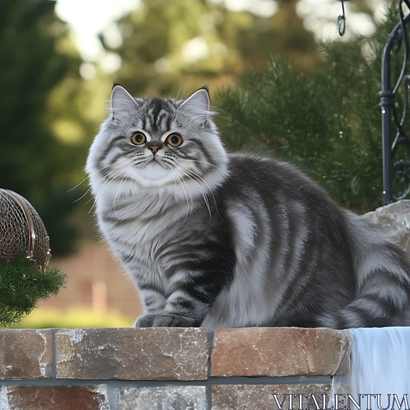 AI ART Graceful Tabby Cat on Stone Wall with Greenery