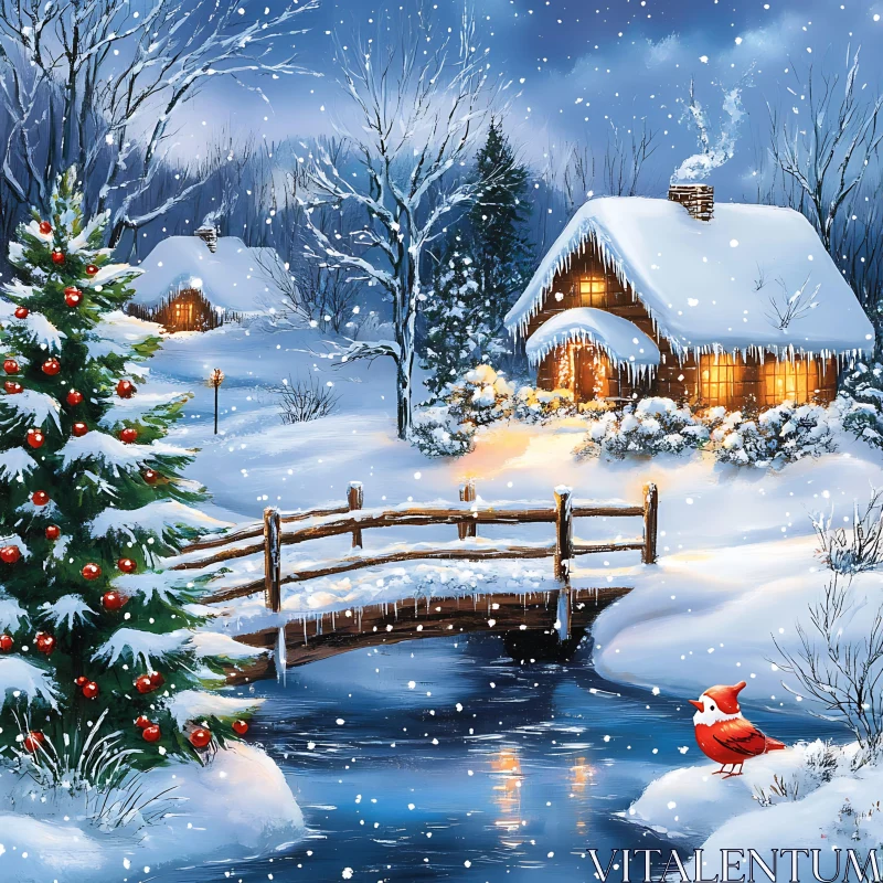 Serene Snowy Christmas Cabin and Bridge AI Image