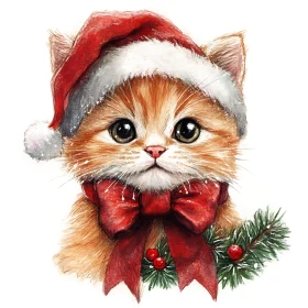 Cute Holiday Kitten with Santa Hat and Red Bow