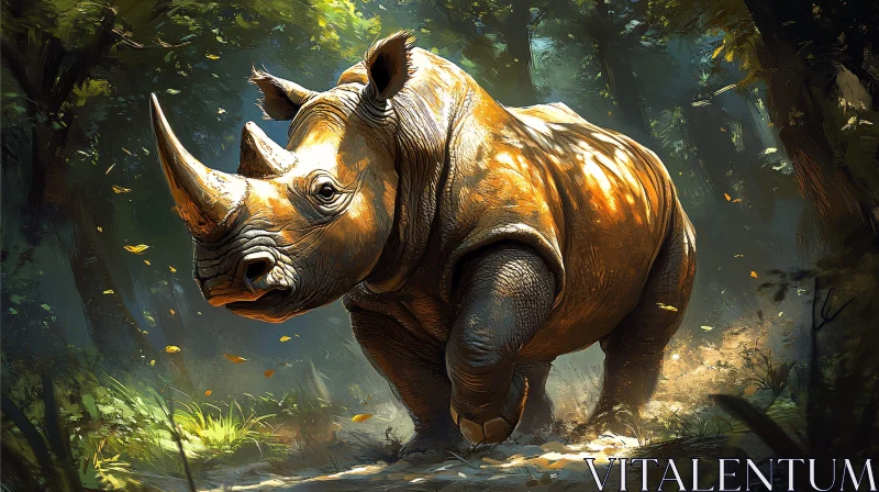 Rhinoceros in Sunlit Forest AI Image