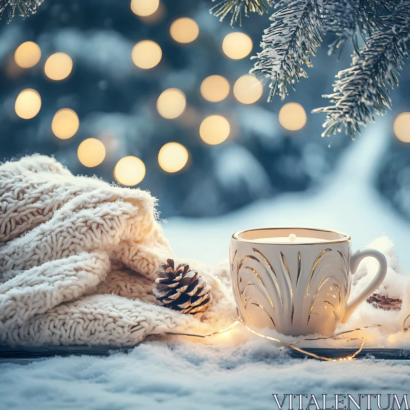 Tranquil Winter Setting with Warm Lights and Comforting Objects AI Image