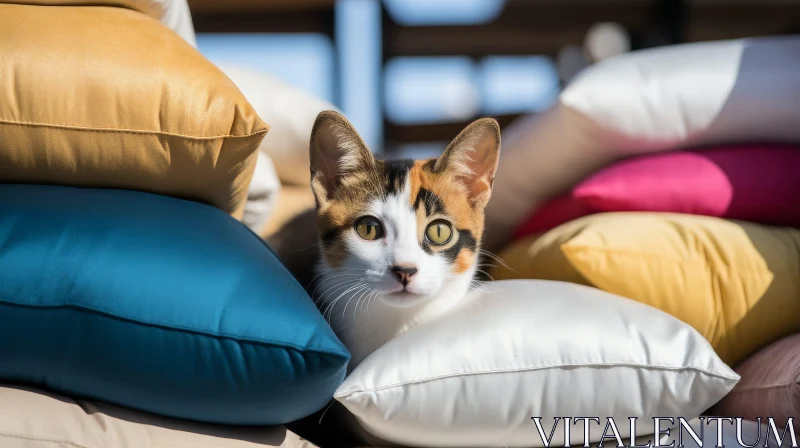 Adorable Calico Cat Among Colorful Pillows AI Image