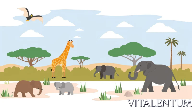 African Animals in Cartoon Savanna Landscape AI Image