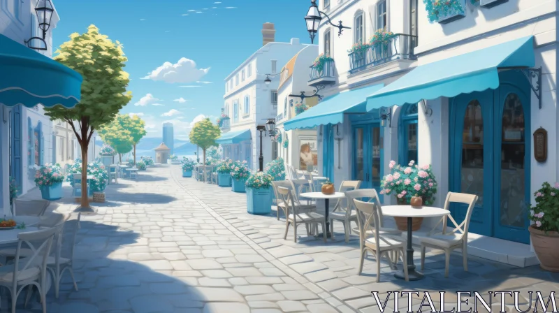 Anime-Style Street Cafe in a Romantic Seascape Setting AI Image