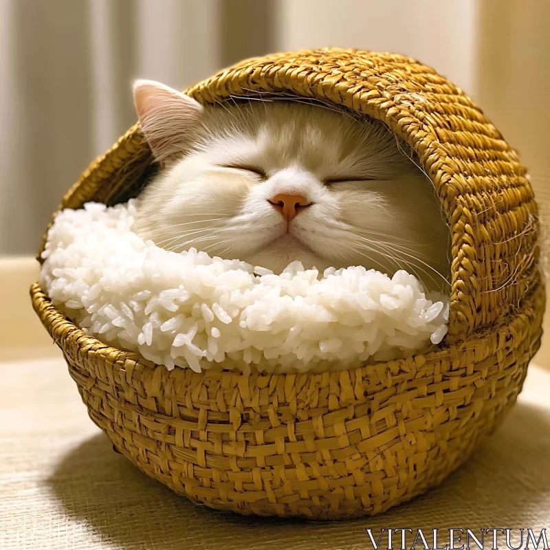 Cute Sleeping Cat in a Cozy Rice Basket AI Image