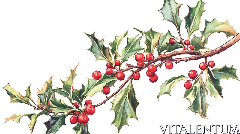 Holly Branch with Glossy Leaves and Red Berries AI Image