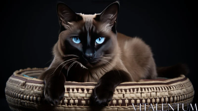 Beautiful Siamese Cat in Brown Wicker Basket AI Image