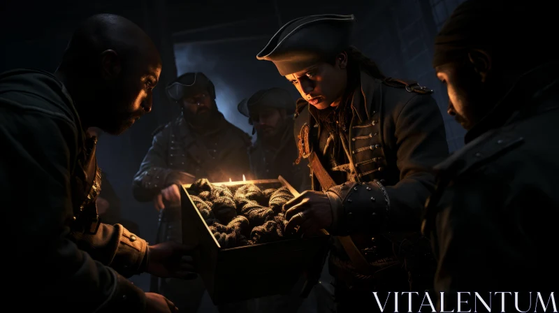Captivating Image of Soldiers Holding Gold in Dark Chiaroscuro Lighting AI Image