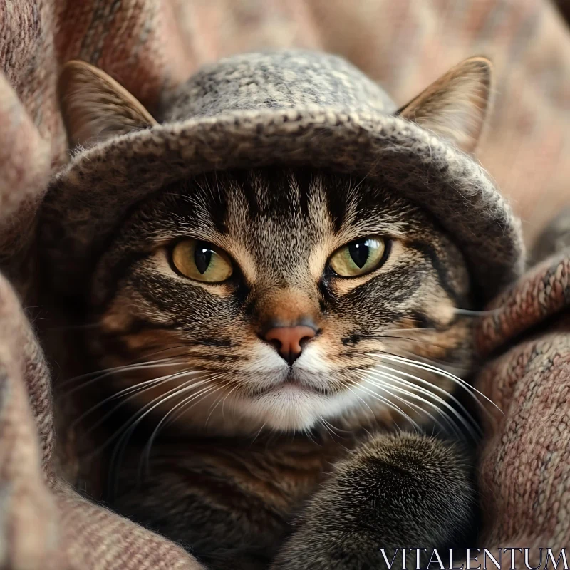 Warm Tabby Cat in Knitted Hat AI Image