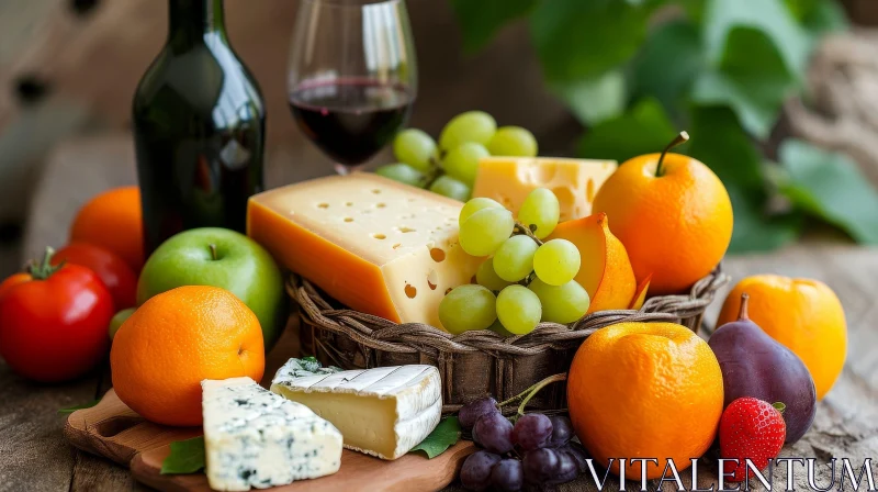 Delicious Still Life: Red Wine, Fruits, and Cheese AI Image