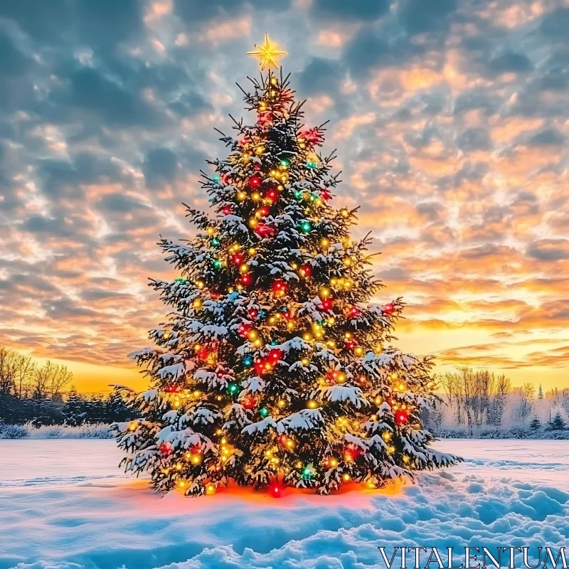 AI ART Christmas Tree with Colorful Lights Under Sunset Sky