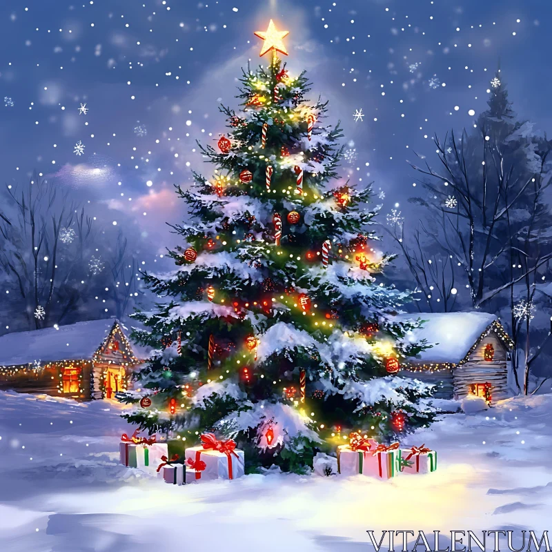 Christmas Tree with Lights and Gifts in Winter Wonderland AI Image