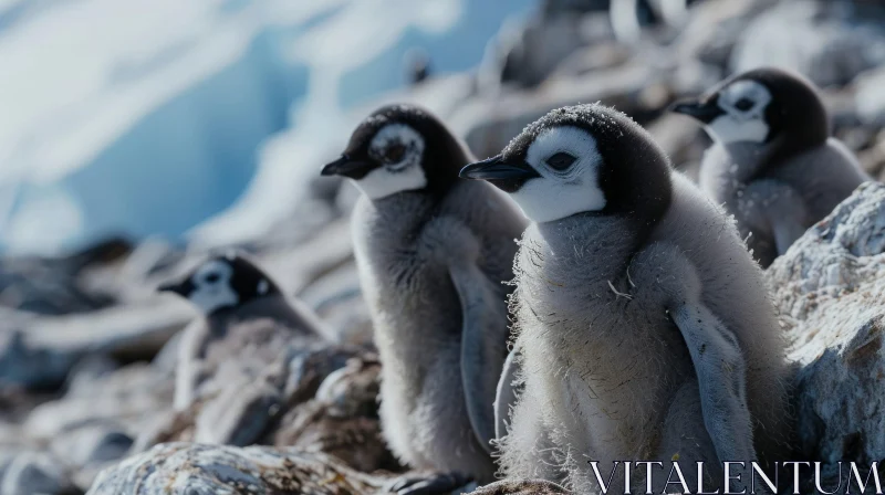 Four Emperor Penguin Chicks Huddled on a Rocky Beach in Antarctica AI Image