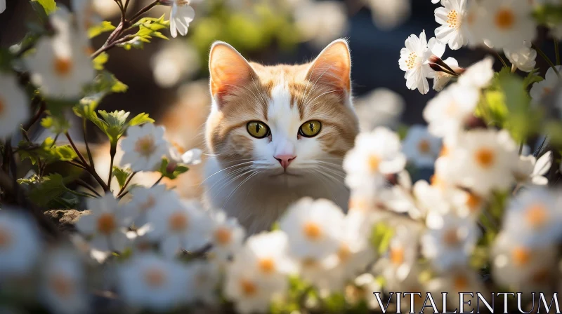 Ginger and White Cat in Flower Garden AI Image
