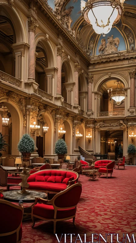 Grandiose Lobby with Red Couches in an Ornate Building AI Image