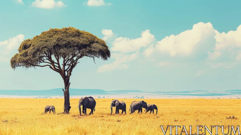 Majestic Elephants in the Savanna: A Breathtaking Natural Encounter AI Image