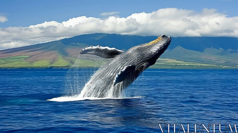 Majestic Humpback Whale Breaching the Ocean's Surface with Mountainous Coastline AI Image