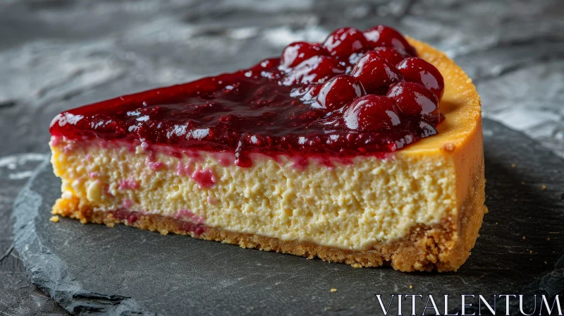 Tempting Cheesecake with Red Berry Sauce on a Black Plate AI Image